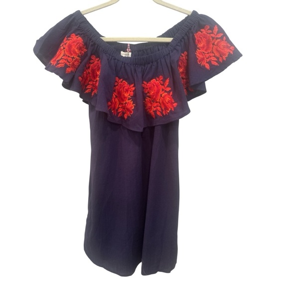 Umgee Navy Dress NWT Red Embroidery Off Shoulder Mini Summer Boho Festival Sz M - Picture 1 of 6